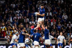 Charles Ollivon lors du match de la Coupe du Monde de Rugby Poule A entre la France et l’Italie au stade de l’OL à Lyon, dans le sud-est de la France, le 6 octobre 2023.