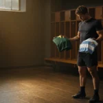 a rugby player in a quiet locker room holds two national tea a4e95d