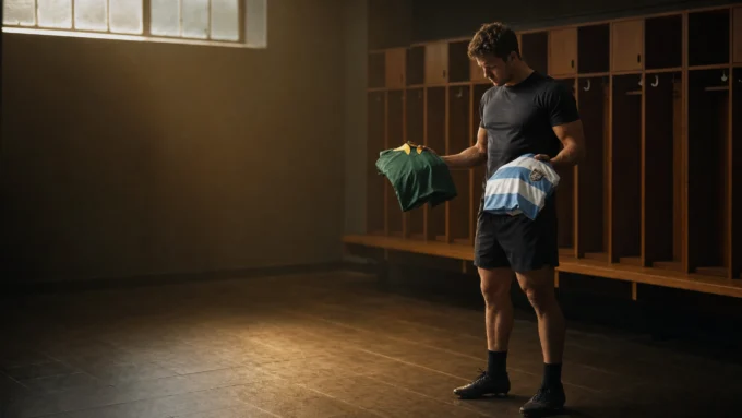 a rugby player in a quiet locker room holds two national tea a4e95d